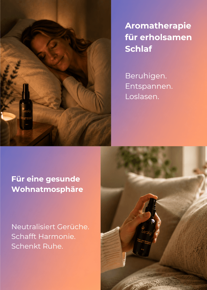 Eine Frau schläft entspannt in einem gemütlichen Bett mit Leinenbettwäsche. Daneben erklärt ein pastellfarbener Farbverlauf die beruhigende Wirkung der Aromatherapie für einen erholsamen Schlaf.