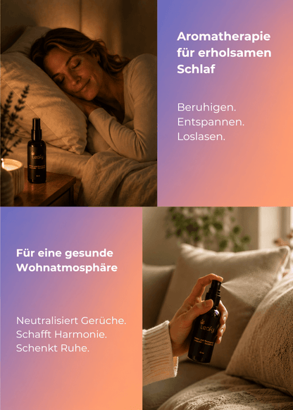 Eine Frau schläft entspannt in einem gemütlichen Bett mit Leinenbettwäsche. Daneben erklärt ein pastellfarbener Farbverlauf die beruhigende Wirkung der Aromatherapie für einen erholsamen Schlaf.