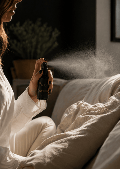 Frau sprüht das Leafy Kissen- und Raumspray mit feinem, gut sichtbarem Duftnebel auf ein beiges Leinenkissen auf einem Sofa.