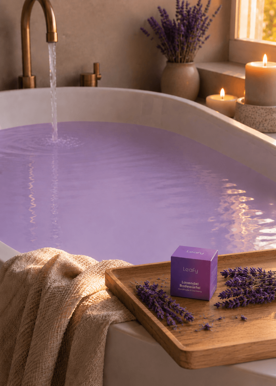 Luxuriöse Wellness-Badewanne mit milchig-lila Badewasser und der Leafy Lavendel Badewürfel-Verpackung auf einem Holztablett. Umgeben von Lavendelzweigen, Kerzenlicht und einem weichen Handtuch entsteht eine entspannende Spa-Atmosphäre.