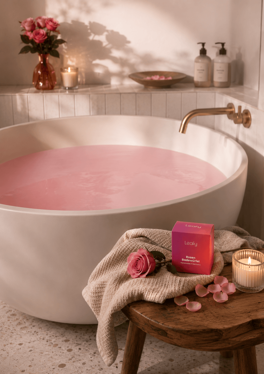 Leafy Rosen Badewürfel in einer luxuriösen Badezimmer-Szene mit freistehender Badewanne, milchig-rosa Badewasser, Rosen und Kerzen für ein entspannendes Spa-Erlebnis.